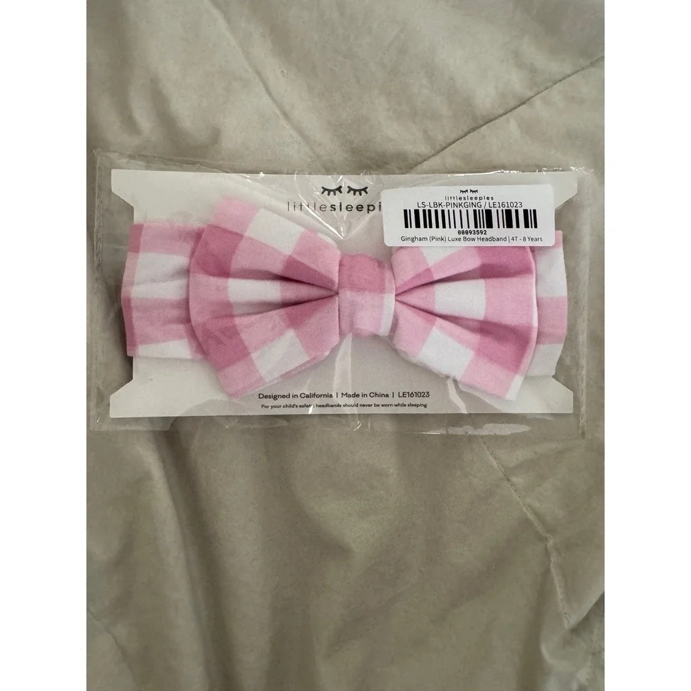 NWT Little Sleepies Pink Gingham Bamboo Headband Bow 4-8 yrs